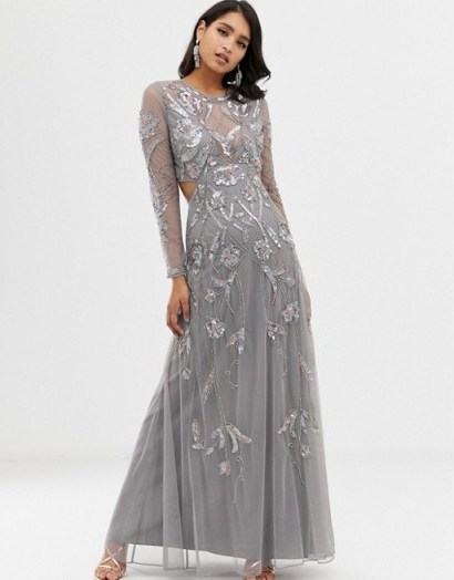 ASOS DESIGN ergonomic embellished maxi dress in grey – glamorous cut-out occasion dresses - flipped