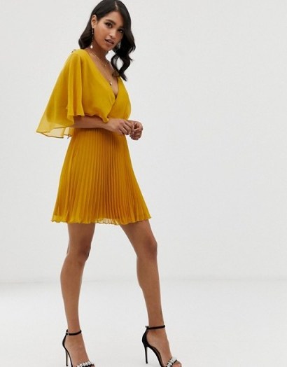 ASOS DESIGN flutter sleeve mini dress with pleat skirt in gold - flipped