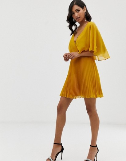 ASOS DESIGN flutter sleeve mini dress with pleat skirt in gold