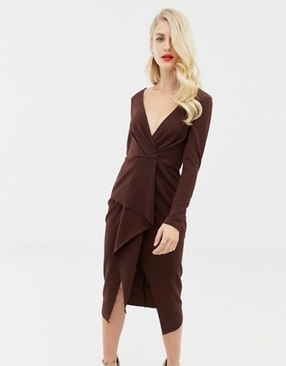 ASOS DESIGN long sleeve textured wrap midi dress in chocolate – dark brown plunging dresses - flipped