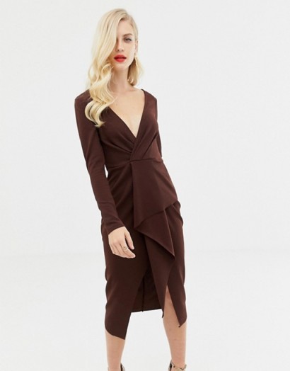 ASOS DESIGN long sleeve textured wrap midi dress in chocolate – dark brown plunging dresses