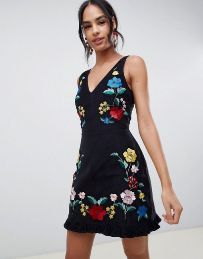ASOS DESIGN mini dress in cord with floral embroidery in black – pretty party dresses