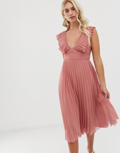 ASOS DESIGN plunge pleated midi dress with lace trim in tea rose – pink party dresses - flipped