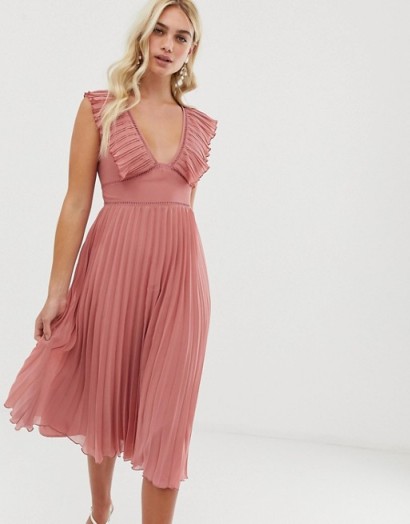 ASOS DESIGN plunge pleated midi dress with lace trim in tea rose – pink party dresses