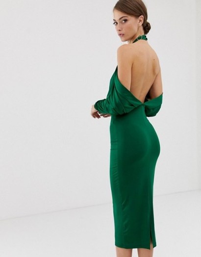 ASOS DESIGN slinky high neck blouson sleeve open back midi dress in green – party glamour - flipped