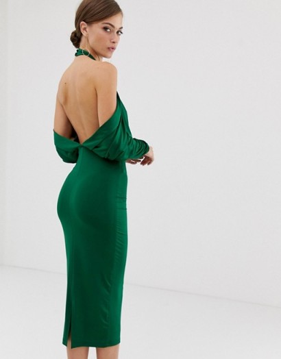 ASOS DESIGN slinky high neck blouson sleeve open back midi dress in green – party glamour