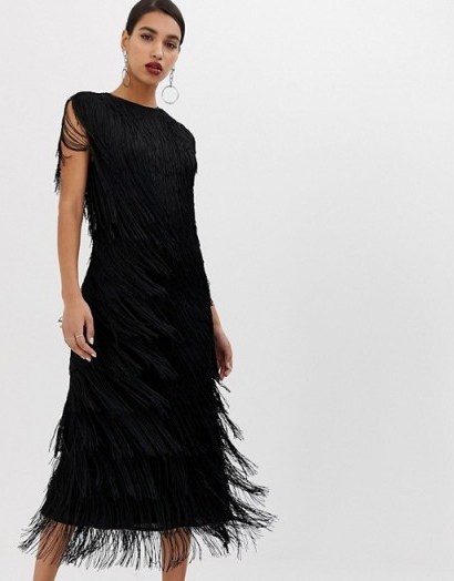 ASOS EDITION fringe column midi dress in black – lbd - flipped