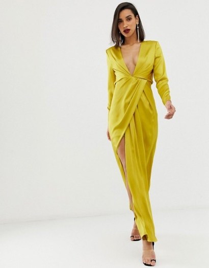ASOS EDITION split side plunge maxi in satin in olive – evening glamour - flipped