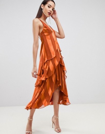 ASOS DESIGN Tall tiered trapeze midaxi dress in soft and solid stripe in burnt orange - flipped