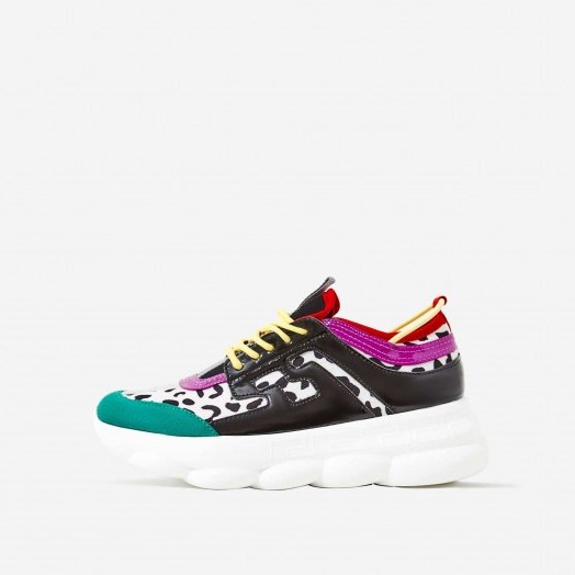 EGO Athena Chunky Sole Trainer In White Leopard Print ~ multi coloured trainers - flipped