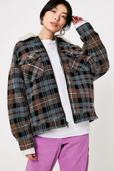 UO Check Harrington Jacket in Blue Multi | sherpa collar jackets | Urban Outfitters winter fashion - flipped