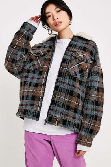 UO Check Harrington Jacket in Blue Multi | sherpa collar jackets | Urban Outfitters winter fashion