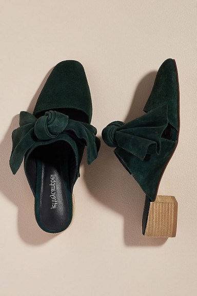 Jeffrey Campbell Tori Suede Mules in Green | winter colours | bow embellished shoes - flipped