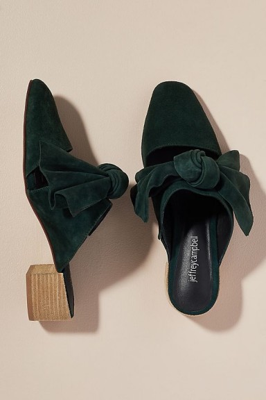 Jeffrey Campbell Tori Suede Mules in Green | winter colours | bow embellished shoes
