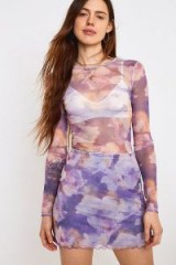 UO Lilac Floral Print Mesh Crew Neck Top – sheer tops