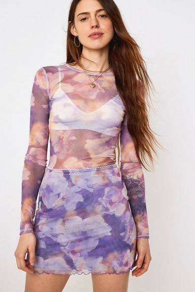 UO Lilac Floral Print Mesh Crew Neck Top – sheer tops - flipped