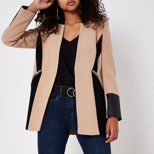 RIVER ISLAND Beige colour block blazer – light-brown and black colourblock jacket - flipped