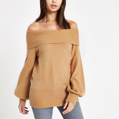 River Island Beige knit bardot jumper – shades of brown