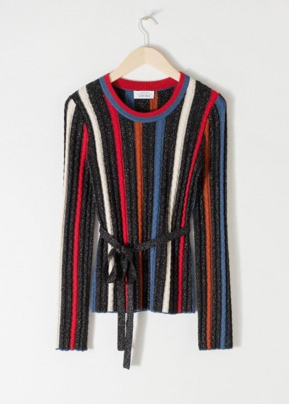 & other stories Belted Glitter Stripe Sweater / metallic knit tops - flipped