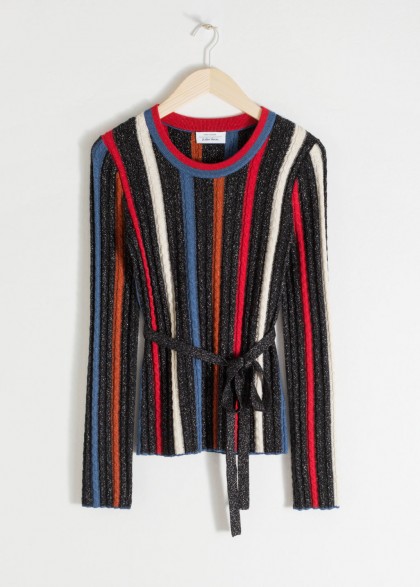& other stories Belted Glitter Stripe Sweater / metallic knit tops