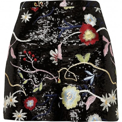 RIVER ISLAND Black floral sequin shorts - flipped