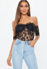MISSGUIDED black lace cupped bardot bodysuit ~ off the shoulder evening top