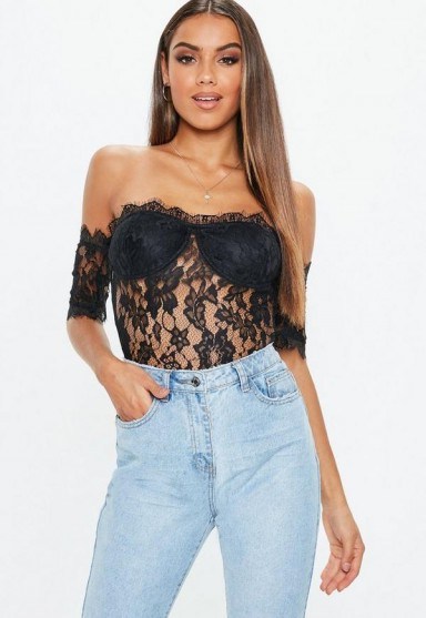 MISSGUIDED black lace cupped bardot bodysuit ~ off the shoulder evening top - flipped