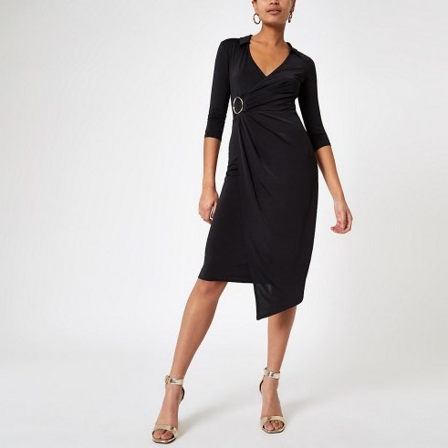 RIVER ISLAND Black ring detail wrap dress – chic asymmetric party dresses - flipped