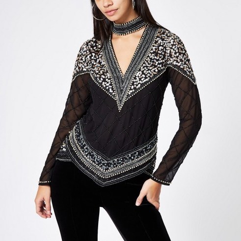 RIVER ISLAND Black sequin embellished choker neck top – sparkly party tops - flipped