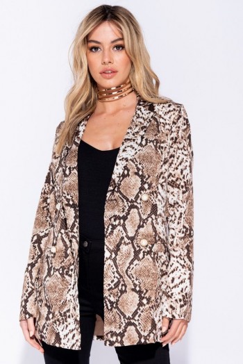 PARISIAN BLACK WHITE SNAKE PRINT DOUBLE BREASTED BLAZER in Brown – reptile printed jacket