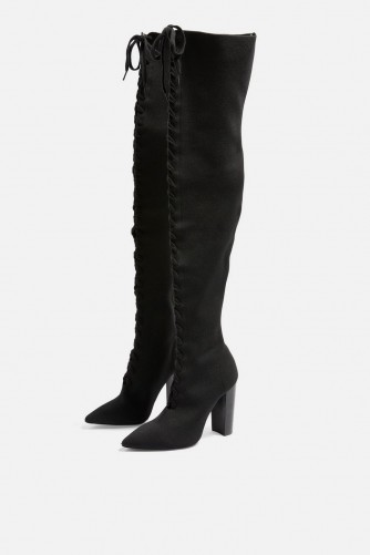 Topshop BOUJIE High Leg Boots in black | front lace up over the knee boot