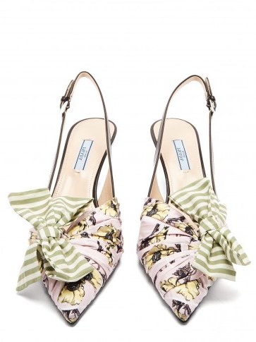PRADA Bow-trim slingback leather pumps ~ stripes and floral prints together! - flipped