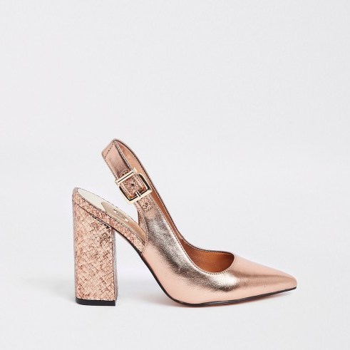 River Island Bright gold block heel sling back court shoes – chunky heeled slingbacks - flipped