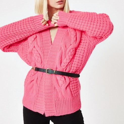 River Island Bright pink cable knit cardigan – chunky knitwear - flipped