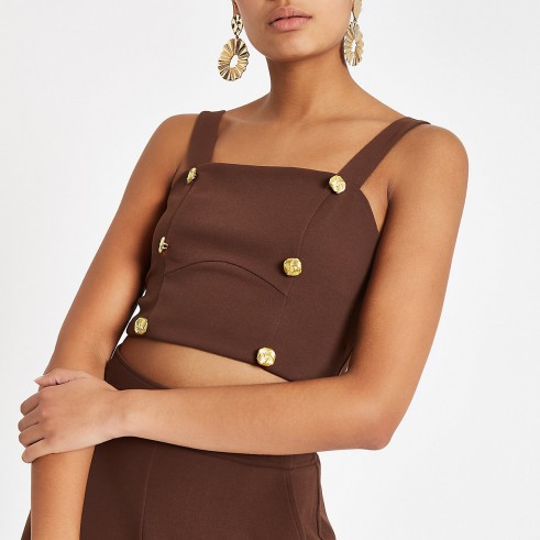 River Island Brown button detail crop top – strappy cropped tops