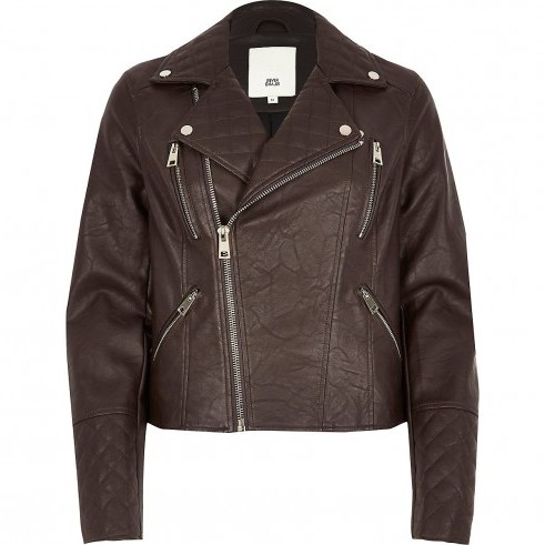River Island Brown faux leather quilted biker jacket – zip detail jackets - flipped