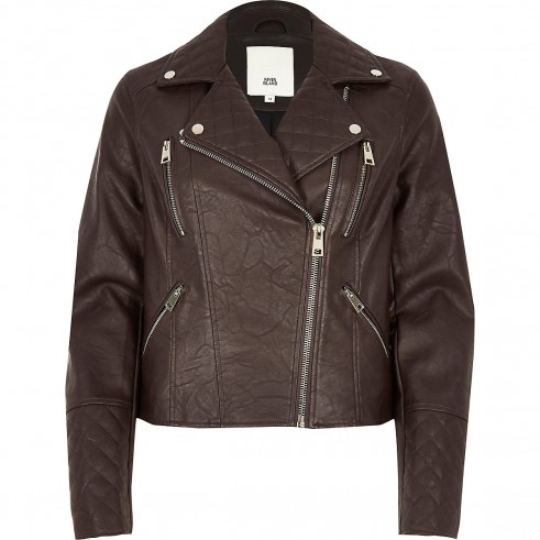 River Island Brown faux leather quilted biker jacket – zip detail jackets