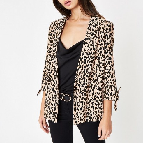 River Island Brown leopard print tie sleeve blazer – animal prints - flipped