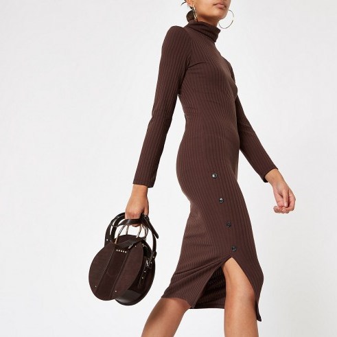 RIVER ISLAND Brown roll neck bodycon midi dress – ribbed jersey dresses - flipped