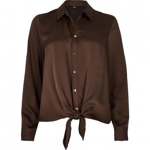 RIVER ISLAND Brown tie front button-up shirt - flipped