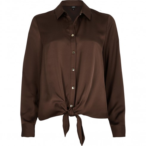 RIVER ISLAND Brown tie front button-up shirt