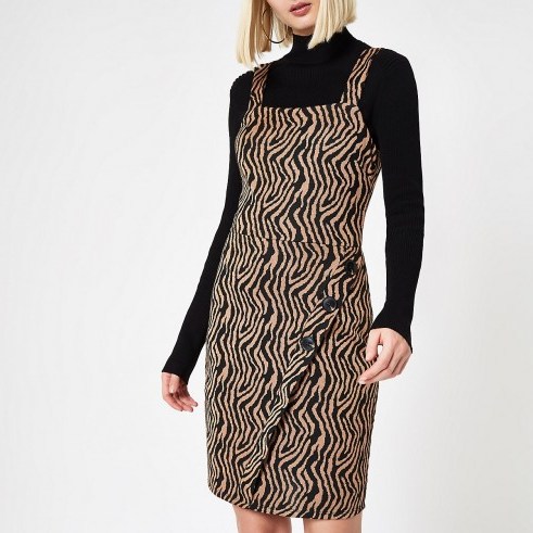 RIVER ISLAND Brown zebra print wrap pinafore mini dress – animal print dresses - flipped