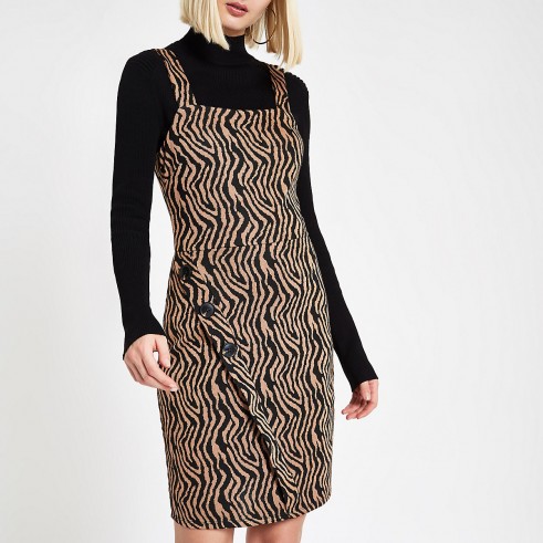 RIVER ISLAND Brown zebra print wrap pinafore mini dress – animal print dresses
