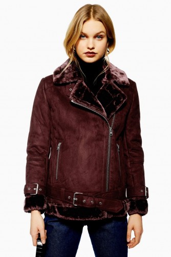 Topshop Burgundy Biker Jacket | faux fur trimmed jackets