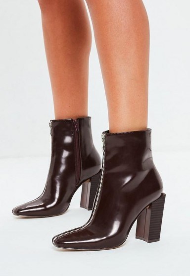 MISSGUIDED burgundy feature heel full zip ankle boots – square block heels - flipped
