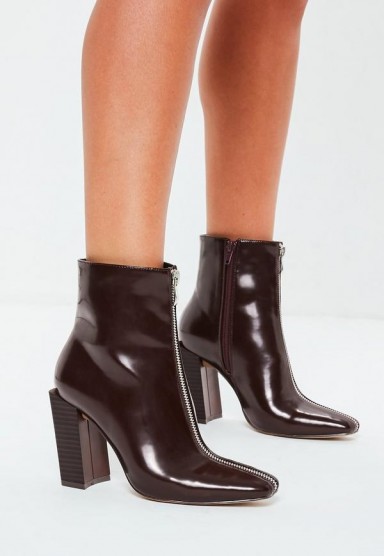 MISSGUIDED burgundy feature heel full zip ankle boots – square block heels
