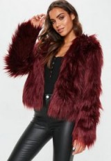 MISSGUIDED burgundy hooded shaggy coat ~ dark red winter jacket