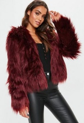 MISSGUIDED burgundy hooded shaggy coat ~ dark red winter jacket - flipped