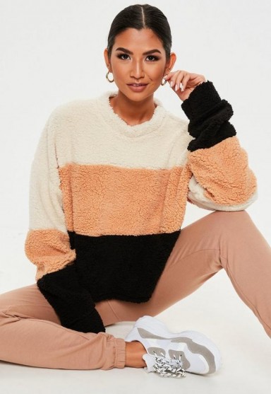MISSGUIDED camel colour block teddy cropped sweatshirt