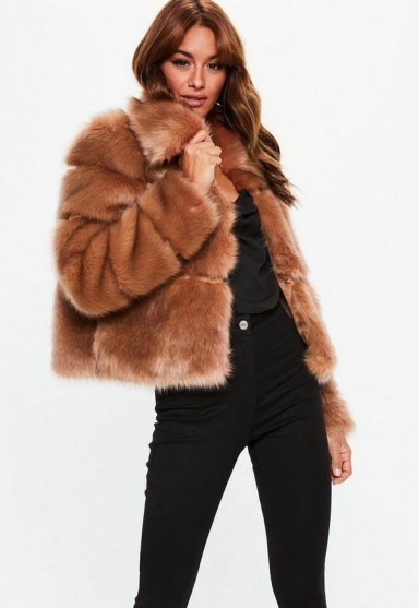 MISSGUIDED camel premium cropped faux fur jacket – fluffy brown jackets - flipped